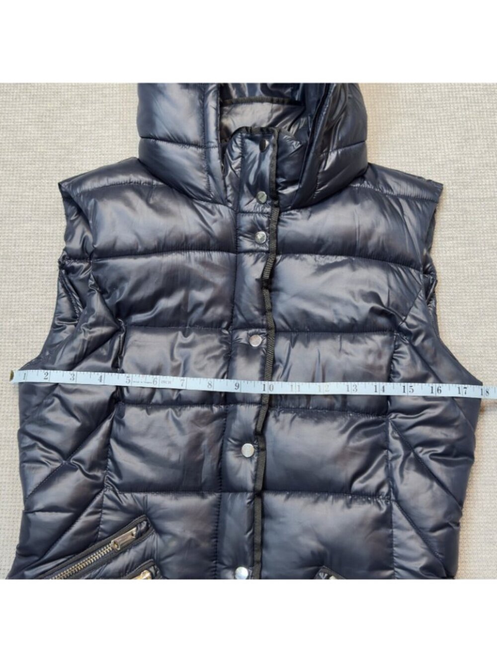 Zara Trafaluc Hooded Puffer Vest Womens Size S Blue Snap Zip Pockets Black Trim - Picture 11 of 16